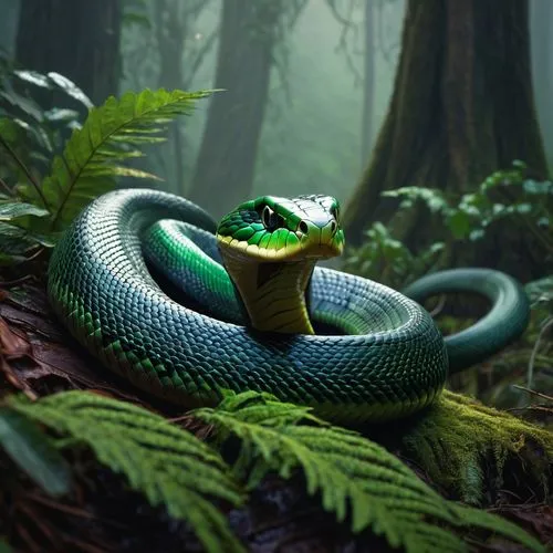 King Cobra Snake, majestic, regal, green scales, vibrant patterns, sharp fangs, piercing eyes, coiled posture, forest floor, misty atmosphere, ancient trees, twisted roots, foggy background, warm ligh