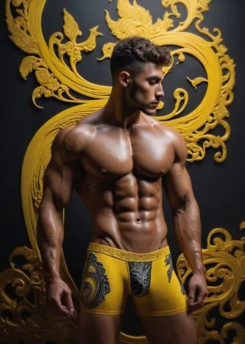 a man in yellow underwear and tattoos stands next to a gold sculpture,buakaw,stud yellow,sagat,aljaz,kushti,andrade