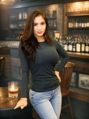 a woman stands in front of a table with a glass of whiskey,barista,bartender,barmaid,bar,bartending,anfisa