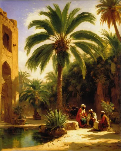 qasr al watan,date palms,alcazar of seville,nizwa souq,woman at the well,caravanserai,caravansary,quasr al-kharana,qasr al kharrana,hala sultan tekke,marrakesh,orientalism,aswan,nizwa,souk,qasr amra,riad,morocco,alcazar,the palm,Art,Classical Oil Painting,Classical Oil Painting 06