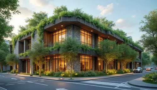 Serene building facade, lush green roofs, vertical gardens, natural stone walls, wooden accents, large windows, sliding glass doors, panoramic views, seamless indoor-outdoor transitions, modern minima