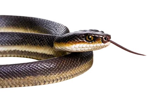 Rat snake, brown scales, slender body, forked tongue, beady eyes, coiled posture, morning dew, soft natural light, shallow depth of field, warm color tone, cinematic composition, 3/4 view, close-up fa