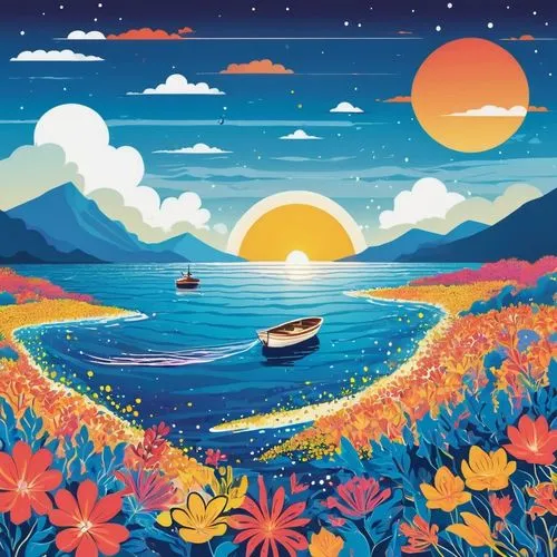 boat landscape,sea beach-marigold,sea landscape,mediterranee,kawase,sea of flowers,Illustration,Vector,Vector 01