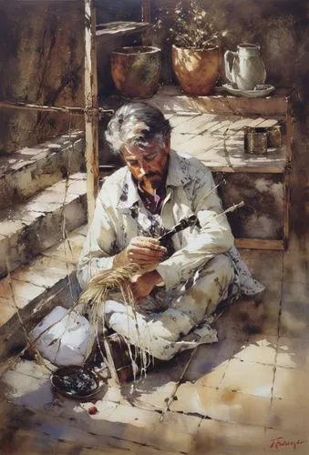 a man sitting on the ground with some food in his hands,watercolourist,italian painter,watercolorist,basket weaver,fishmonger,mostovoy,Conceptual Art,Oil color,Oil Color 09