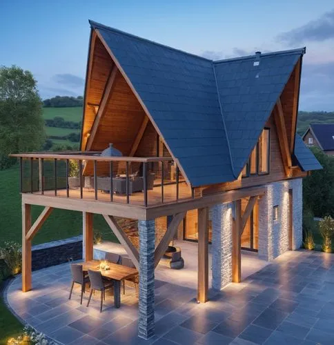 a modern cottage, with a raised floor, balcony, grey tile roofing, wooden piers, slate stepping stones,passivhaus,slate roof,timber house,folding roof,roof landscape,inverted cottage,roof terrace,hous