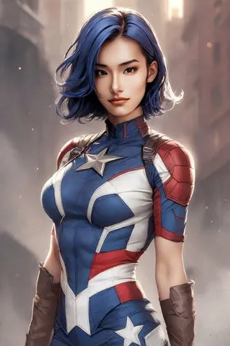  Heavy makeup, messy dyed hair, angular cheekbones, small eyes, thin lips, low nose, upper body,a rendering of a woman in a captain america outfit,capitanamerica,captain american,jamerica,amerasian,su