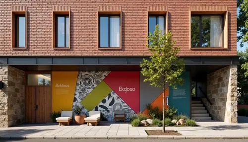 Rustic brick facade, geometric shapes, bold color blocks, industrial metal accents, asymmetrical composition, fragmented forms, dynamic rhythm, playful typography, educational signage, vibrant murals,