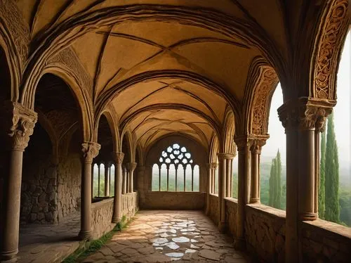 cloister,cloisters,loggia,arcaded,certosa di pavia,cloistered,archways,undercroft,camposanto,abbaye de belloc,vaulted ceiling,colonnades,monastero,mirogoj,colonnade,corridor,alcazar of seville,monasterium,maulbronn monastery,orvieto,Illustration,Paper based,Paper Based 26