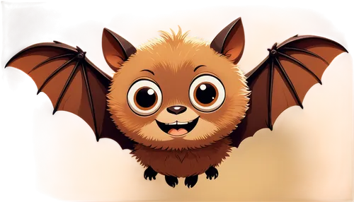 Cute bat, hanging upside down, big round eyes, small nose, fluffy fur, brown wings, folded arms, sweet facial expression, cartoonish style, vibrant colors, soft focus, shallow depth of field, whimsica