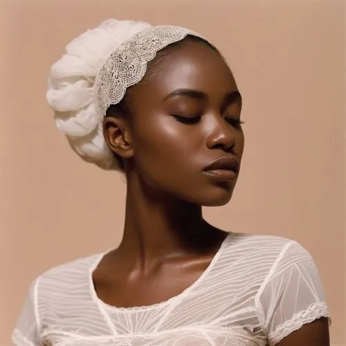 A West African model in lace underwear is fast asleep.,a beautiful black woman with white hair is wearing a head scarf,beautiful bonnet,rwandan,beautiful african american women,braid african,shea butt