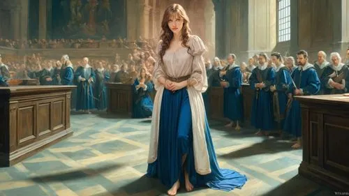 classicism painting: (female defendant, long dress, barefoot), inside 17th century courtroom,margaery,margairaz,galadriel,ravenclaw,thingol,leighton,hermione,cersei,silmarillion,aslaug,choral,hermias,