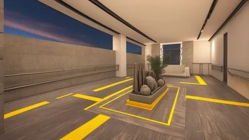 keep the tactile paving yellow tiles in the floor in all the directions 
,hallway space,3d rendering,interior modern design,underground garage,the tile plug-in,paved square,modern decor,search interio