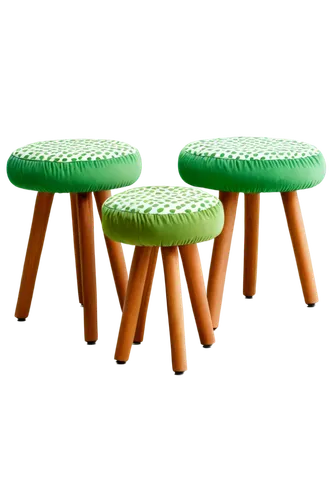 Mushroom-shaped stools, 3-piece set, bright green, white spots, soft cushion, wooden legs, natural texture, detailed stitching, 45-degree angle, warm lighting, shallow depth of field, cozy atmosphere.