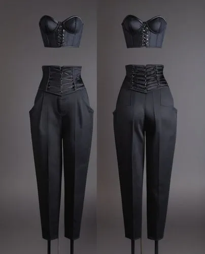 black pants, denim fabric, wide, black satin fabric corset,the woman is wearing a black corset,pantalone,culottes,trousers,women's clothing,gauchos,ladies clothes