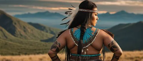 Native American woman, strong athletic build, full voluptuous buttocks, intricate tribal tattoo on lower back, long dark brown hair with feather accessories, earthy tone makeup, bold eyebrows, subtle 