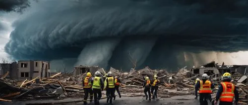 Majestic tornado, massive swirling vortex, dark grey clouds, lightning flashing, intense wind blowing, debris flying, destroyed buildings in background, rubble scattered, rescue team in yellow vest, h