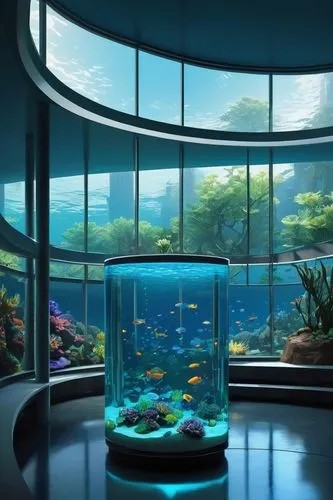 Sleek, futuristic aquarium, transparent glass walls, rounded edges, LED light strips, color-changing ambiance, school of neon blue fish swimming in sync, coral reef decoration, oceanic plants, gentle 