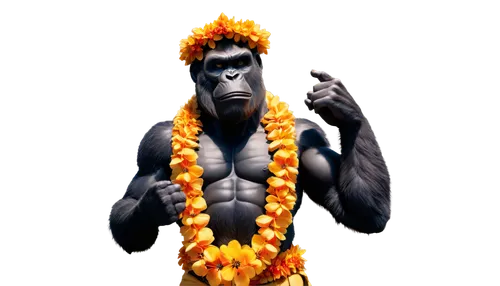 Cute King Kong, giant ape, furry body, golden fur, powerful muscles, strong arms, gentle eyes, sweet smile, floral garland on head, tropical setting, warm sunlight, 3/4 composition, shallow depth of f