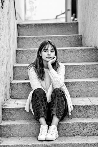 女生，楼梯，线稿，线条艺术，简洁的线条，简约主义，粗线条,a woman is sitting down by the stairs,girl on the stairs,girl sitting,depressed woman,aitana,togawa,woman sitting,Design Sketch,Design Sketch,Black and white Comic