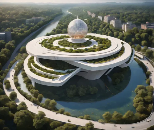 colossal platform of white marble with a tilted part on which river flow and artificial forest grow, the platform hangs in an empty space, construction is covered by a reddish dome of an artificial at