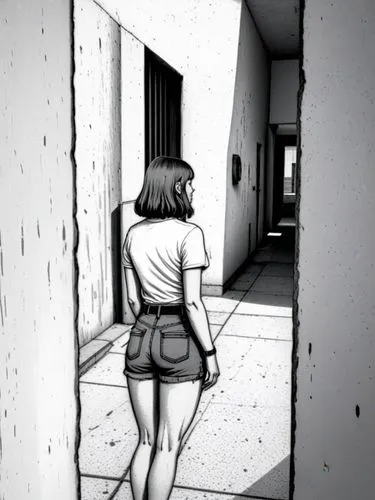 girl walking away,comic style,rotoscope,animatic,rotoscoped,girl from behind