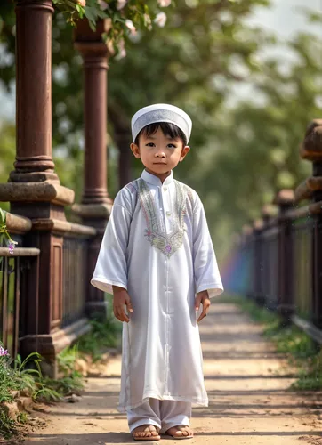 a two years old Indonesian boy standing on a paved road outdoors.    he wore traditional clothing—a long white garment with embroidered decoration on the chest—and a white head covering.    The backgr