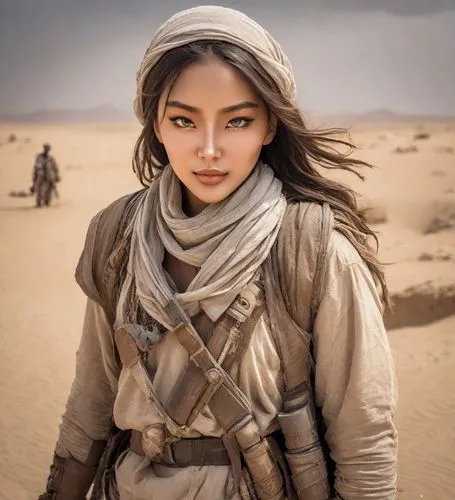 arabian,female warrior,bedouin,warrior woman,desert flower,islamic girl,girl on the dune,asian woman,capture desert,inner mongolian beauty,mulan,desert background,girl in a historic way,buckskin,arab,solo,fantasy portrait,hijaber,vietnamese woman,ancient egyptian girl,Photography,Realistic