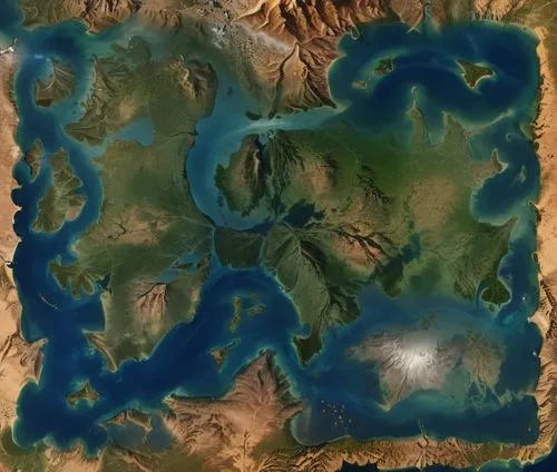 Render a high-resolution, photo realistic, distant, top-down view from space of the entire world of Erlar, which is three times the size of Earth. Ensure that the continents are shown identical and in