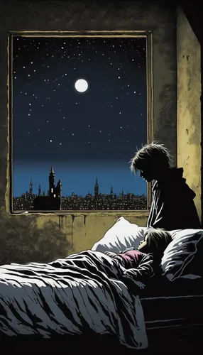 silhouette art,night scene,sci fiction illustration,night watch,viewing dune,the night sky,insomnia,romantic night,sleeping room,dreaming,stargazing,game illustration,art silhouette,nighttime,before the dawn,romantic scene,bedroom window,bad dream,night in day,studio ghibli,Conceptual Art,Graffiti Art,Graffiti Art 12