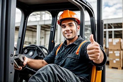 forklift driver giving thumbs up,forklift,forklift truck,forklift piler,warehouseman,fork lift,tradesman,impact driver,stevedore,personal protective equipment,electrical contractor,blue-collar worker,