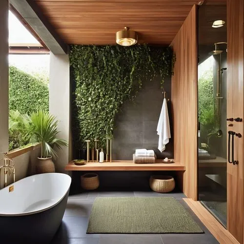 Create a bathroom with a Modern Refined Design but with an old fashion freestanding tube and a ample shower space filled with green plants for a natural mood. 
The floor and shower walls are black sla