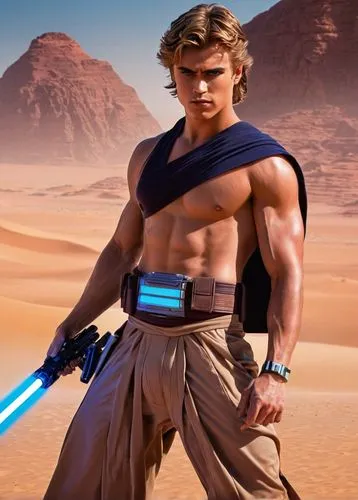 Muscular Anakin, shirtless, strong chest, defined abs, athletic build, messy brown hair, bright blue eyes, serious facial expression, standing hero pose, Jedi pants, wide utility belt, lightsaber hilt