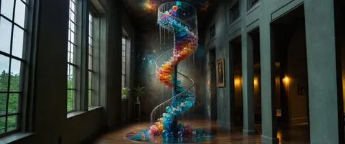 a spiral staircase in a home with several windows,chihuly,dna helix,colorful glass,glass painting,dna strand,glass vase,snake staff,long glass,glasswork,lava lamp,spiral art,rain stick,light art,light