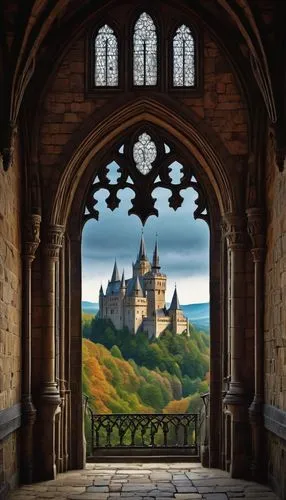 Medieval European architecture, grand castle, Gothic style, tall spires, stained glass windows, intricate stone carvings, ornate doorways, grand halls, high ceilings, wooden beams, torches, suits of a