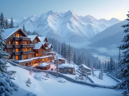 Snow-capped mountains, frosty air, ski resort architecture, modern facilities, wooden chalets, cozy fireplaces, snowy pine trees, frozen lakes, winter sports equipment, ski lifts, chairlifts, gondolas