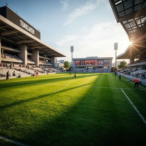 Vibrant green grass, undulating hills, natural stone walls, sleek metal bleachers, cantilevered roofs, angular lines, modern architecture, vast open spaces, panoramic views, dramatic spotlights, warm 