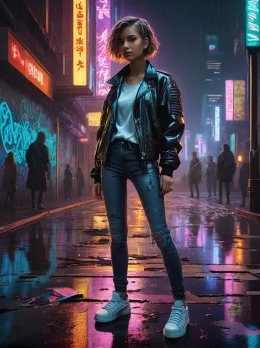 cyberpunk,80s,80's design,pedestrian,futuristic,dystopian,world digital painting,retro woman,retro girl,vapor,urban,sci fiction illustration,retro styled,cg artwork,girl walking away,nora,1980's,puma,neon lights,jacket,Art,Artistic Painting,Artistic Painting 39