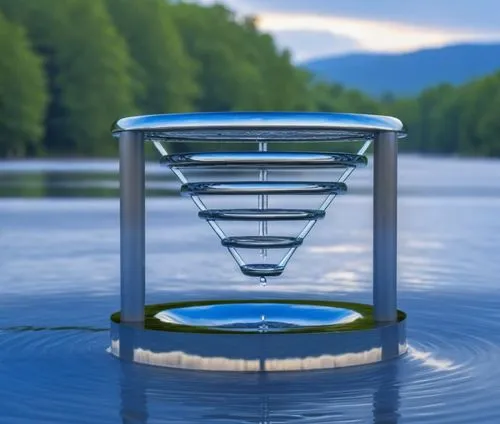 sculpture, public art, water dripping down circles to the center, water ripple, nature background
,water pump above surface in lake surrounded by trees,water mirror,water dispenser,water stairs,water 