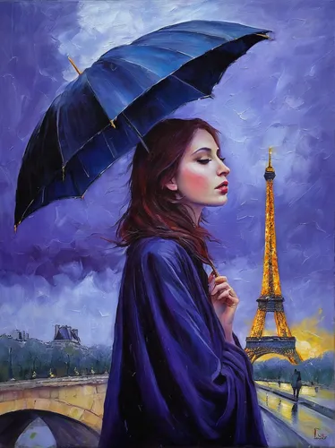 la violetta,paris,oil painting on canvas,romantic portrait,oil painting,eiffel,woman with ice-cream,art painting,in the rain,universal exhibition of paris,paris cafe,blue hour,watercolor paris,eiffel tower,little girl with umbrella,umbrella,blue rain,monsoon,rainy day,city ​​portrait,Illustration,Realistic Fantasy,Realistic Fantasy 30