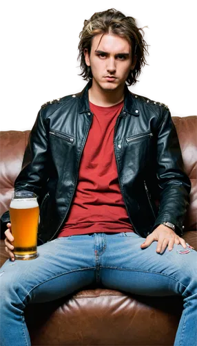 Drunk, male, sloppy posture, messy hair, red face, sweat droplets, beer bottle in hand, worn jeans, black leather jacket, slouched on couch, dim lighting, shallow focus, warm color tone, cinematic com