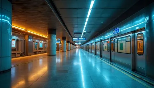 Vibrant underground metro station, modern architectural design, bright neon signs, sleek metal columns, polished granite floors, warm LED lighting, calming blue hues, earthy brown tones, dynamic yello