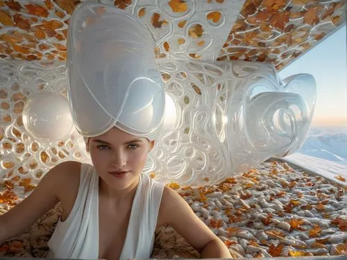 Two princesses in a magnificent place,a woman with white head covering and glasses,millinery,milliner,milliners,beautiful bonnet,headpiece,biomorphic,Photography,General,Natural