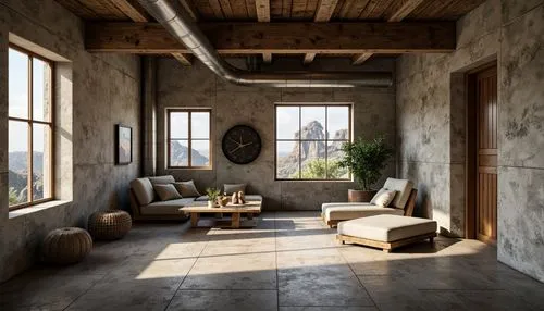 loft,sitting room,living room,home interior,livingroom,3d rendering,wooden beams,wooden windows,interior design,travertine,rustic,modern room,great room,rustic aesthetic,luxury home interior,concrete ceiling,interior decoration,sunroom,interior modern design,interiors