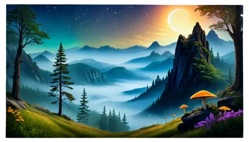 fantasy landscape,landscape background,mountain scene,mountain landscape,forest landscape,forest background,mountainous landscape,mushroom landscape,fantasy picture,salt meadow landscape,alpine landscape,nature background,world digital painting,moon and star background,cartoon video game background,dusk background,elven forest,high landscape,fantasy art,background design,Conceptual Art,Daily,Daily 32