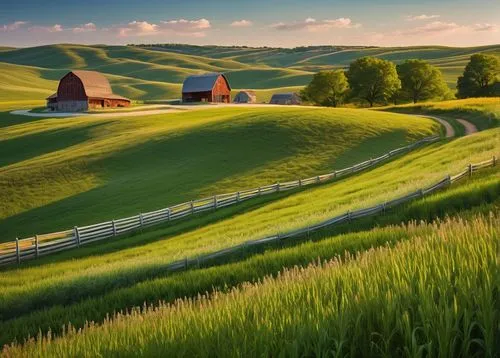 Iowa State landscape architecture, rolling hills, green pastures, cornfields, rustic barns, winding country roads, wooden fences, wildflowers, sunny afternoon, clear blue sky, few white clouds, warm s