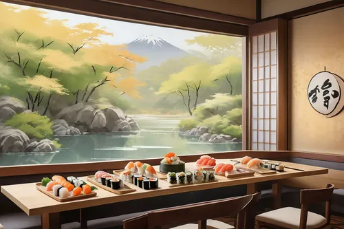 sushi japan,japanese-style room,japanese restaurant,japanese cuisine,sushi art,japanese meal,tea ceremony,japanese art,japanese floral background,sushi set,kaiseki,japanese background,ryokan,shinto,japanese food,background with stones,japanese culture,watercolor tea shop,japanese-style,sushi,Conceptual Art,Oil color,Oil Color 10