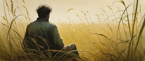 in the tall grass,yellow grass,Illustration,Realistic Fantasy,Realistic Fantasy 16