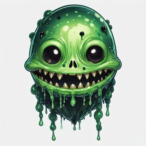 2d front sprite of a green and black colored spooky slime monster, transparent background,a cartoon character is showing the creepy mouth and teeth,bot icon,vitgeft,green icecream skull,protoplasm,twi