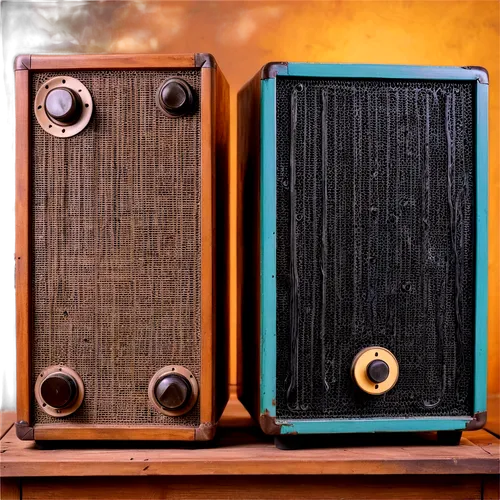 Distorted speaker, vintage microphone, messy wires, rusty metal, worn-out buttons, old-fashioned amplifier, wooden cabinet, retro aesthetic, warm lighting, shallow depth of field, cinematic compositio