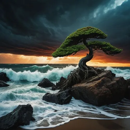 isolated tree,lone tree,dragon tree,the japanese tree,bonsai,bonsai tree,Illustration,Realistic Fantasy,Realistic Fantasy 29